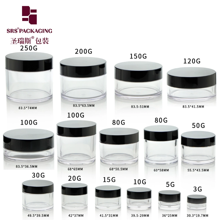 SRS Cosmetic Packaging Eco Friendly 3g 5g 10g 15g 30g 50g 80g 100g 150g Gold Clear AS PETG PET Food Grade Skincare Facemask Cream Nail Hair Plastic Jar